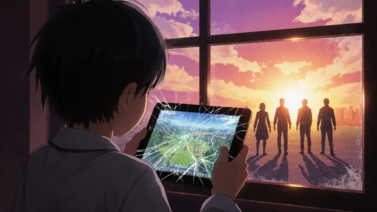 A child holding a broken tablet showing a dead game, while investors vanish into pixels behind them.