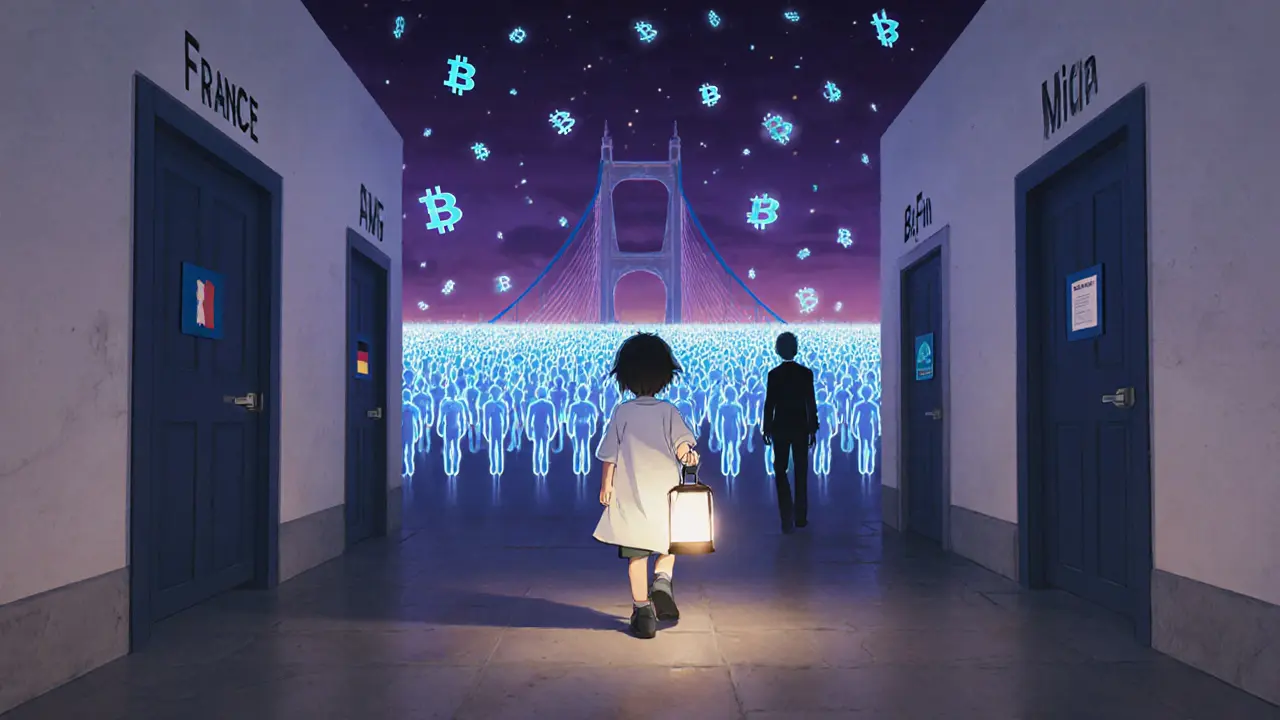 A child holding a MiCA license as a lantern, walking toward millions of glowing EU citizens down a corridor of national regulators.