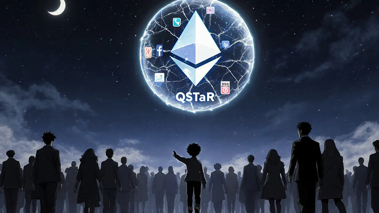 A child reaching for a broken holographic AGI orb while shadows walk away under a cracked Ethereum moon.