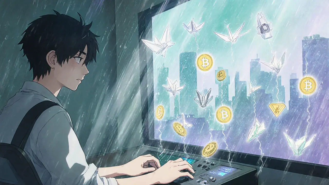 A developer at a holographic console, watching ERC-1155 tokens flow like origami cranes in a rainy cityscape.