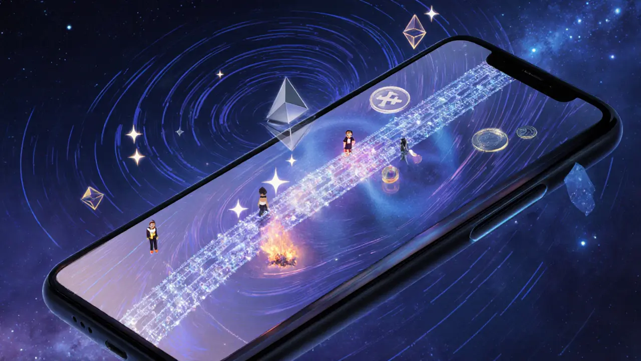 A digital bridge connects blockchain chains with faint CWT tokens fading in a cosmic twilight.