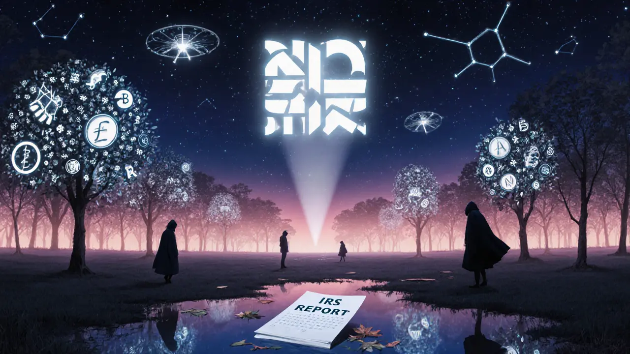 A digital forest of DeFi protocols with shadowy figures exchanging crypto, under a glowing OECD symbol in a twilight sky.