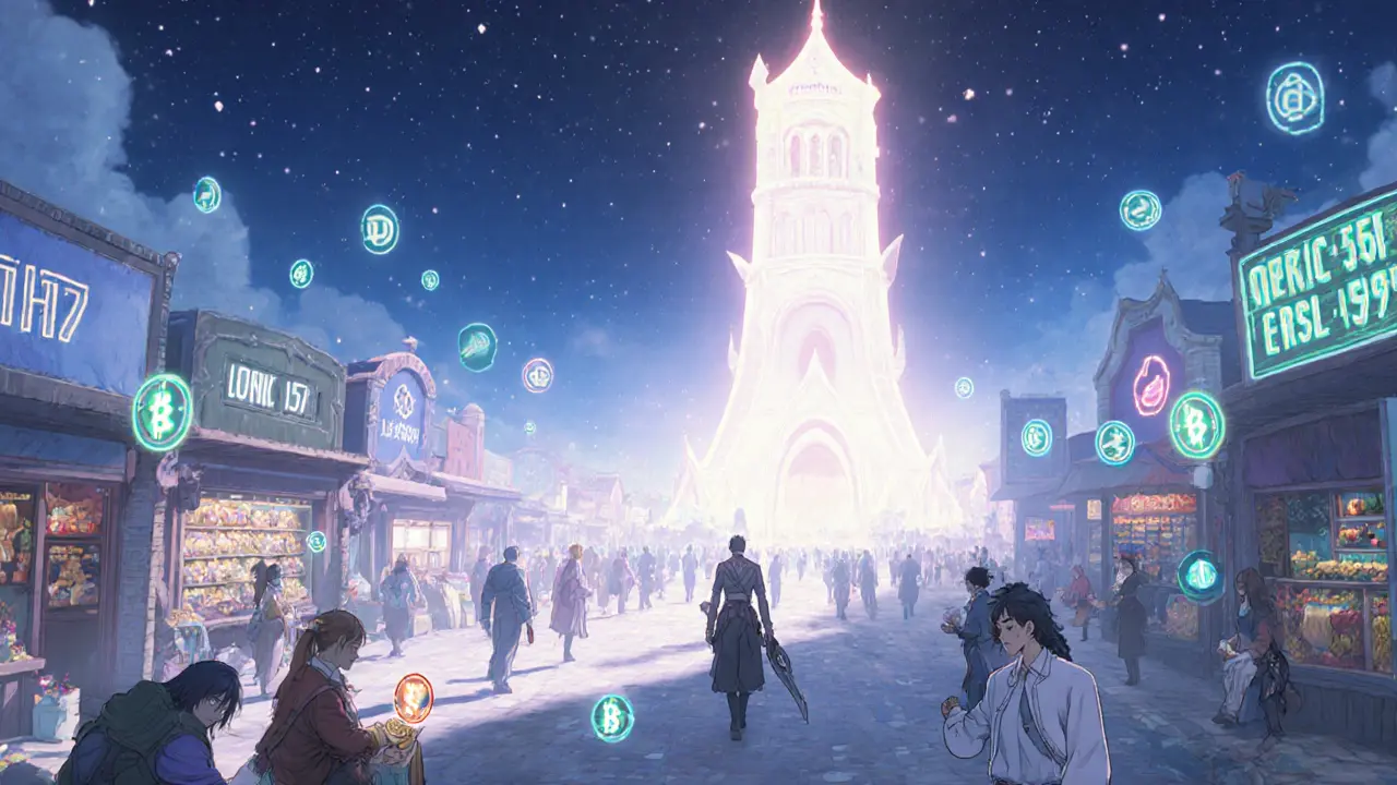 A digital game world with mixed unique and bulk items emerging from a central contract tower under starlit skies.