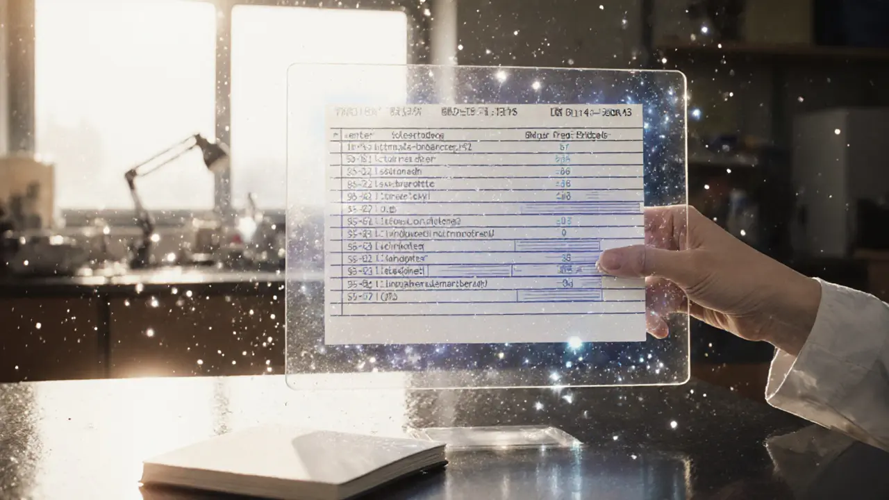 A digital ledger hovering over a lab desk as a physical notebook dissolves into pixels.