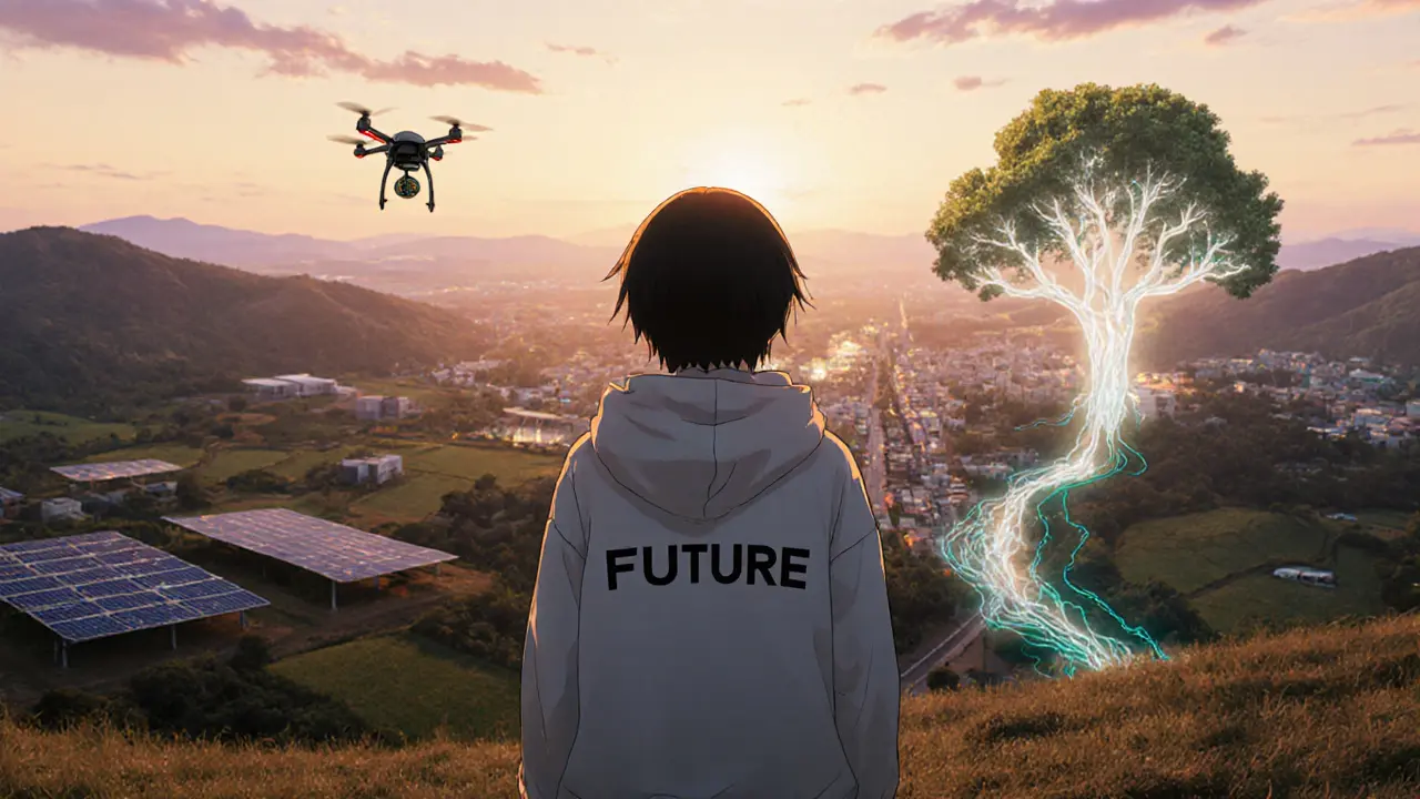 A figure stands on a hill as real-world projects glow below, with a FUTURE token hovering like a key in their hand.