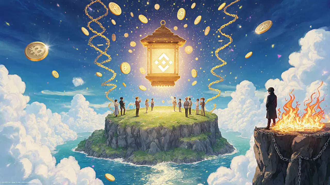 A floating island exchange with traders and golden tokens rising into a cloud-filled sky.