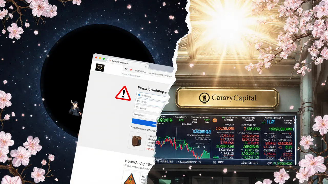 A fractured mirror showing a phishing scam on one side and a calm ETF trading floor on the other.