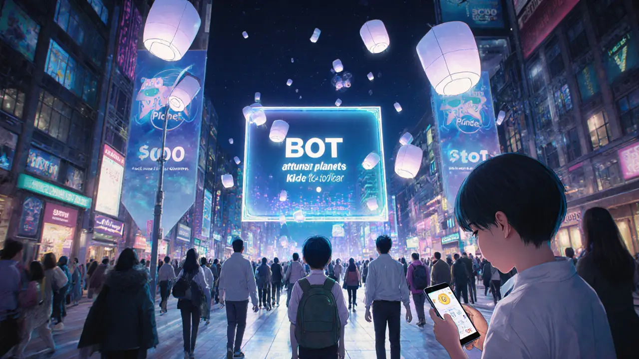 A futuristic city at night where people play a mobile game that emits digital bots into the sky.