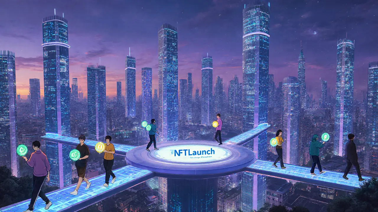 A futuristic digital city with glowing NFT pathways leading to the NFTLaunch platform.