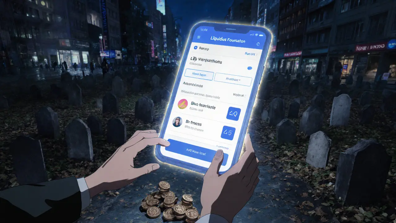 A glowing app interface above a city street as people reach for it, while old tokens lie buried below.