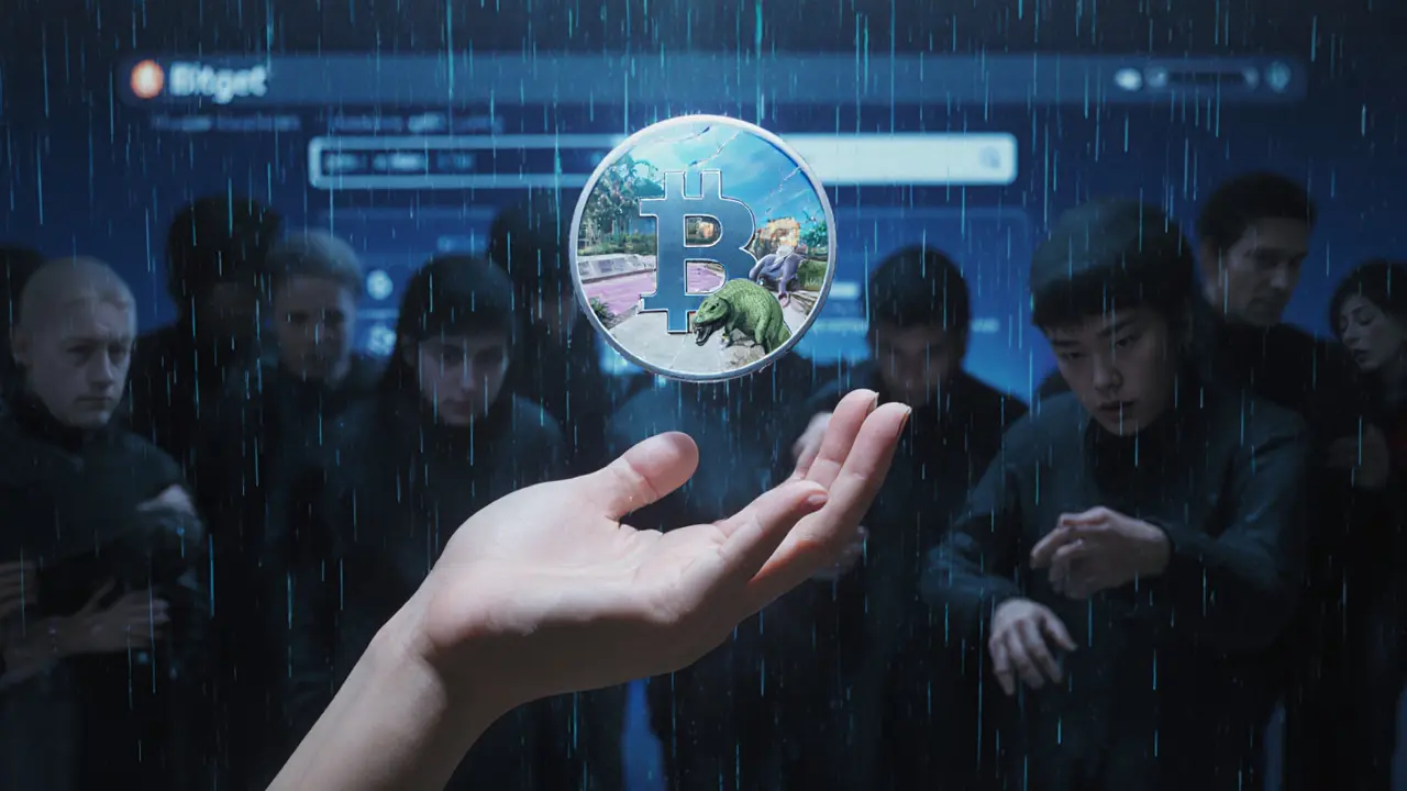 A hand holds a DSG token reflecting an empty metaverse, with shadowy figures reaching out in blue-lit darkness.