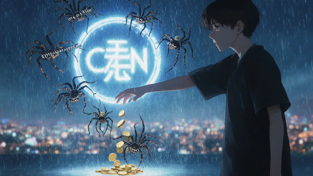 A hand reaching for a fake CKN airdrop portal as contract-address spiders drain coins.