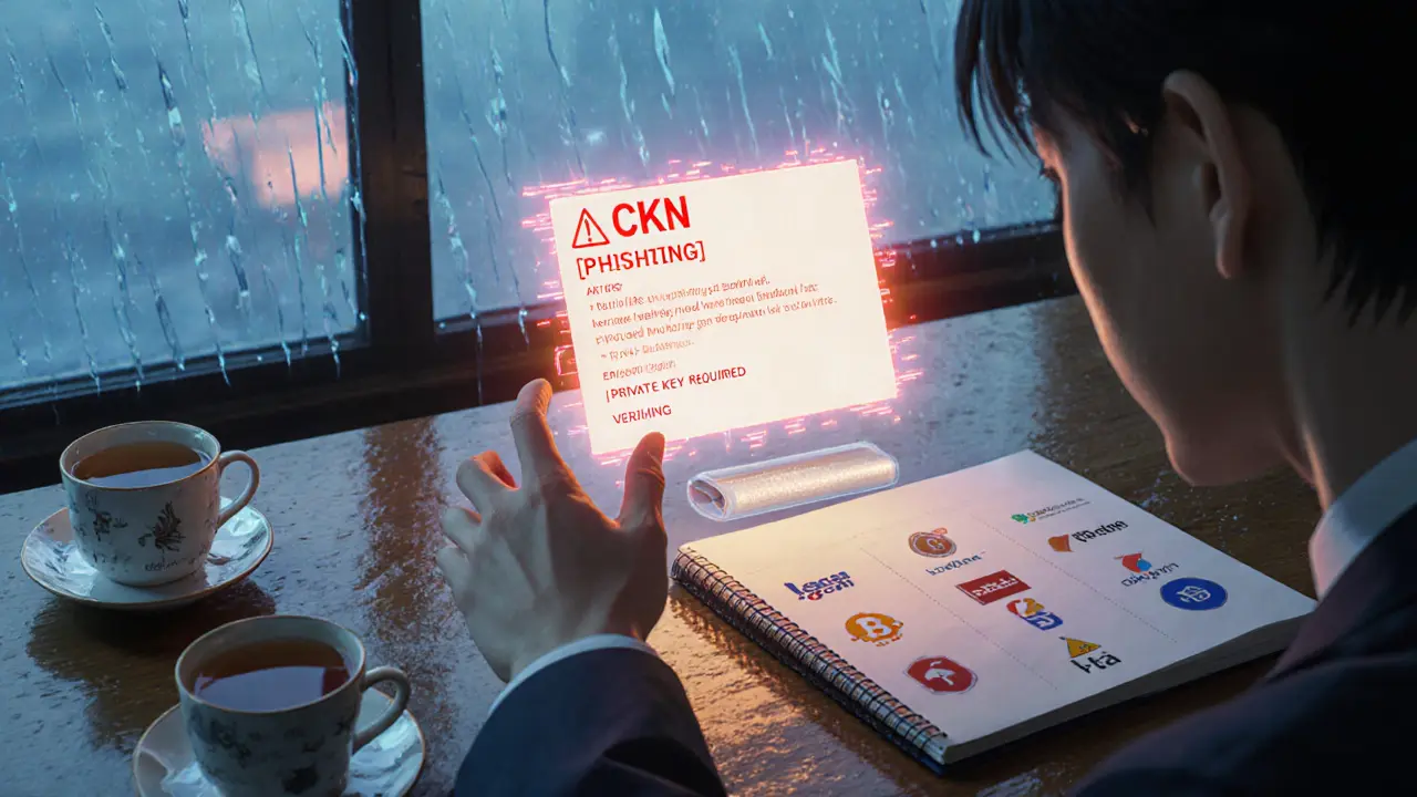 A hand reaching for a glitching CKN airdrop notice while a safe wallet glows nearby in rain-lit room.