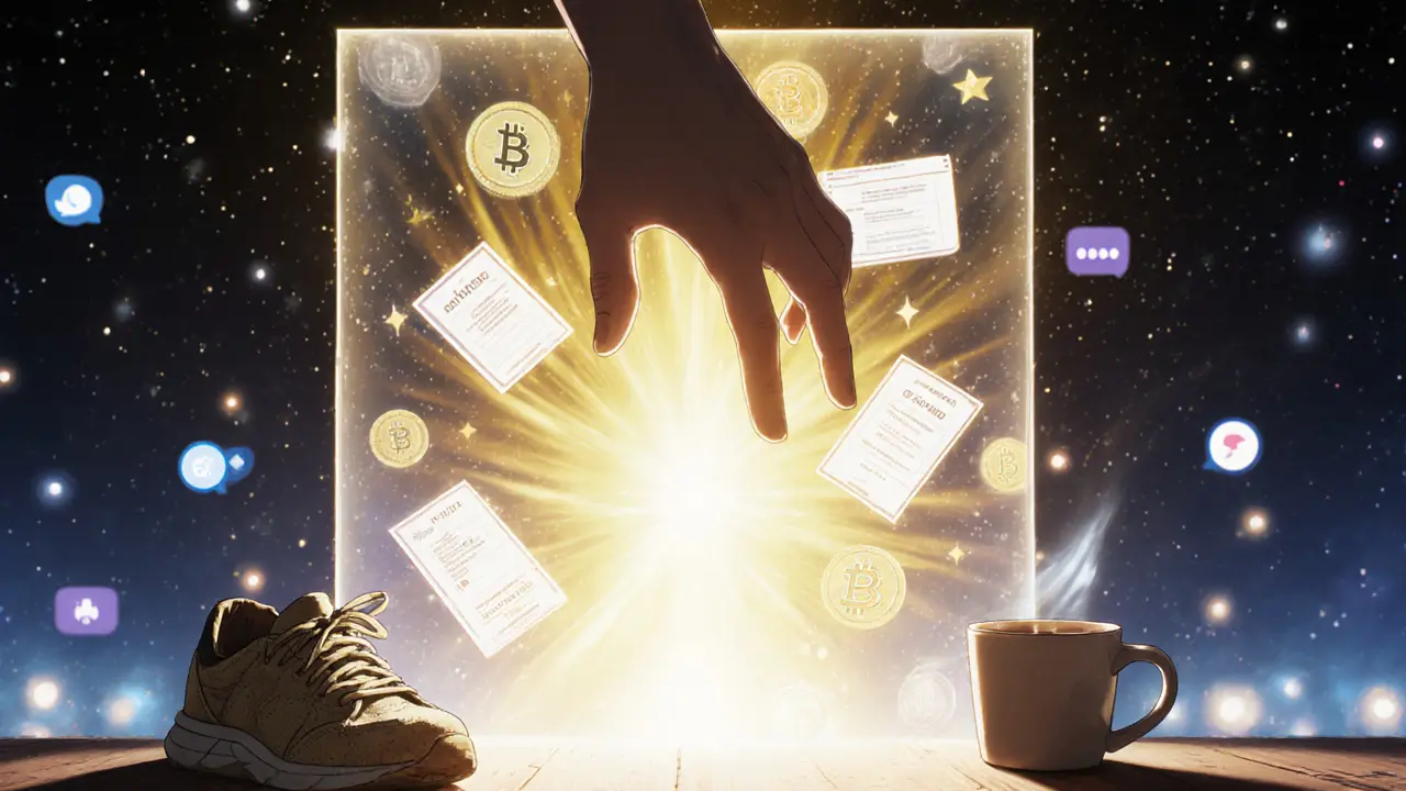 A hand reaching toward a radiant NFT gate surrounded by tokens and voting symbols.