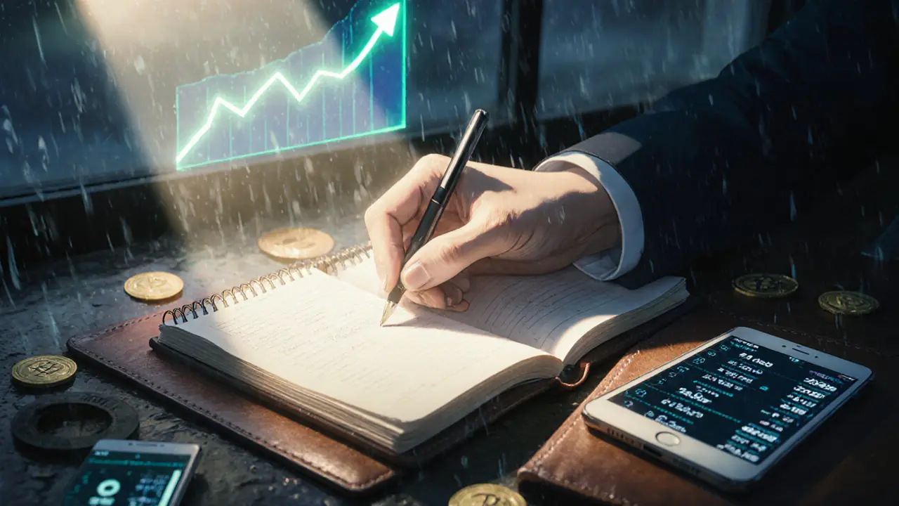 A hand writing crypto transaction details in a ledger under lamplight, with digital values glowing softly in the background.