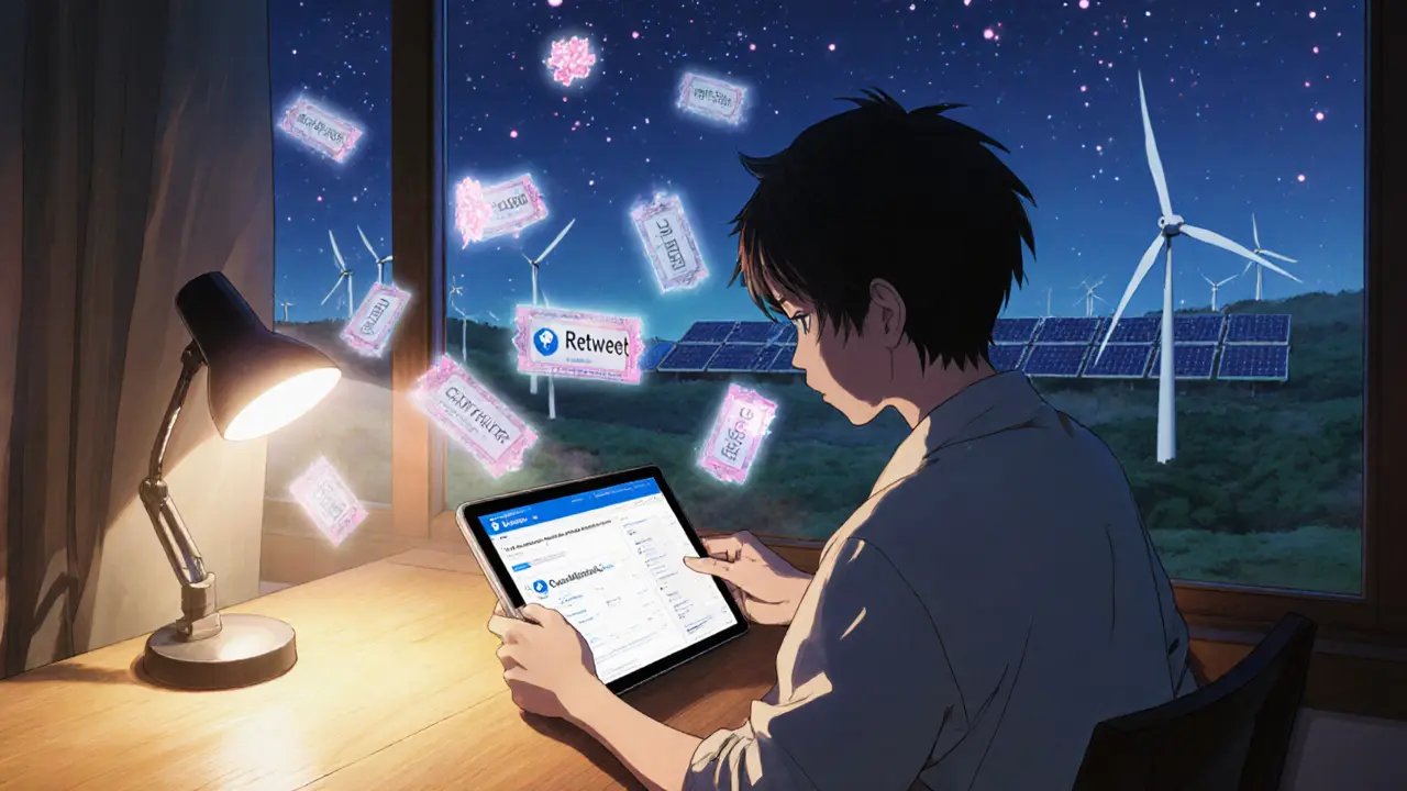 A person at a desk watches digital tickets swirl like cherry blossoms behind them, lit by lamplight.