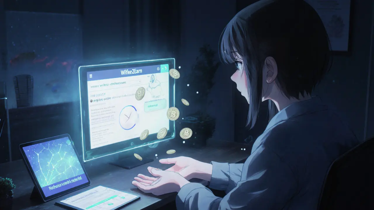 A person watching a Learn2Earn tutorial as WIFEDOGE tokens gently fall into their hand.