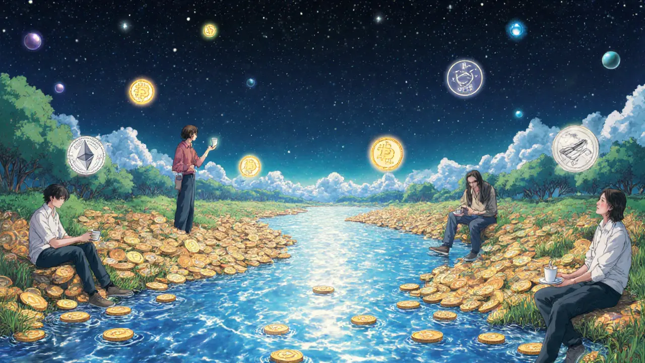 A river of crypto coins flows under a starry sky, with people exchanging tokens and glowing tax stamps appearing above each transaction.
