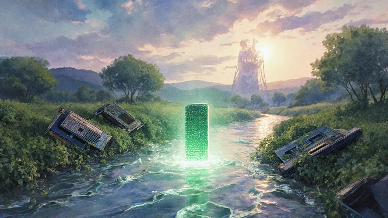 A serene Nano node glows with green BLAKE2b light beside a data river, while ancient mining hardware decays in the background.