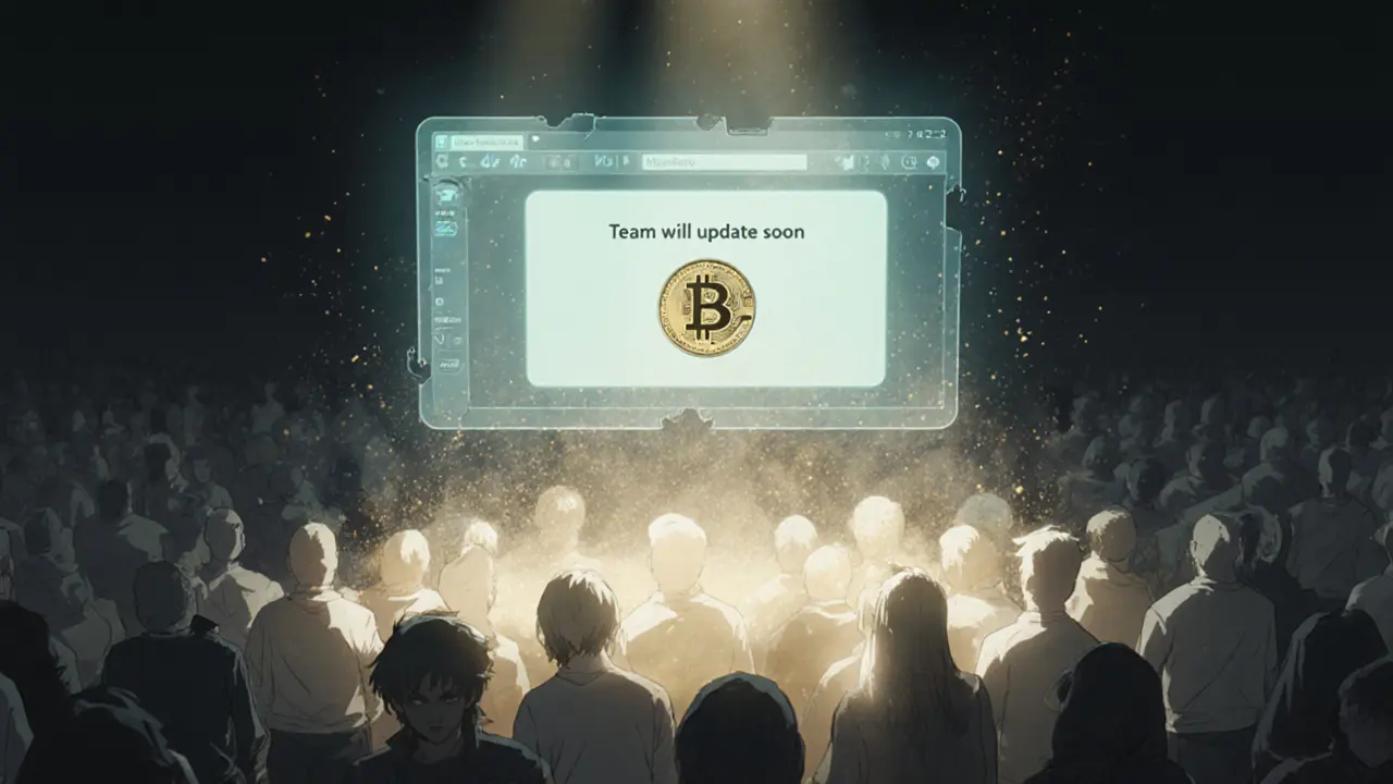 A spectral Discord window with one old message, surrounded by fading avatars and a glowing $BULL token.