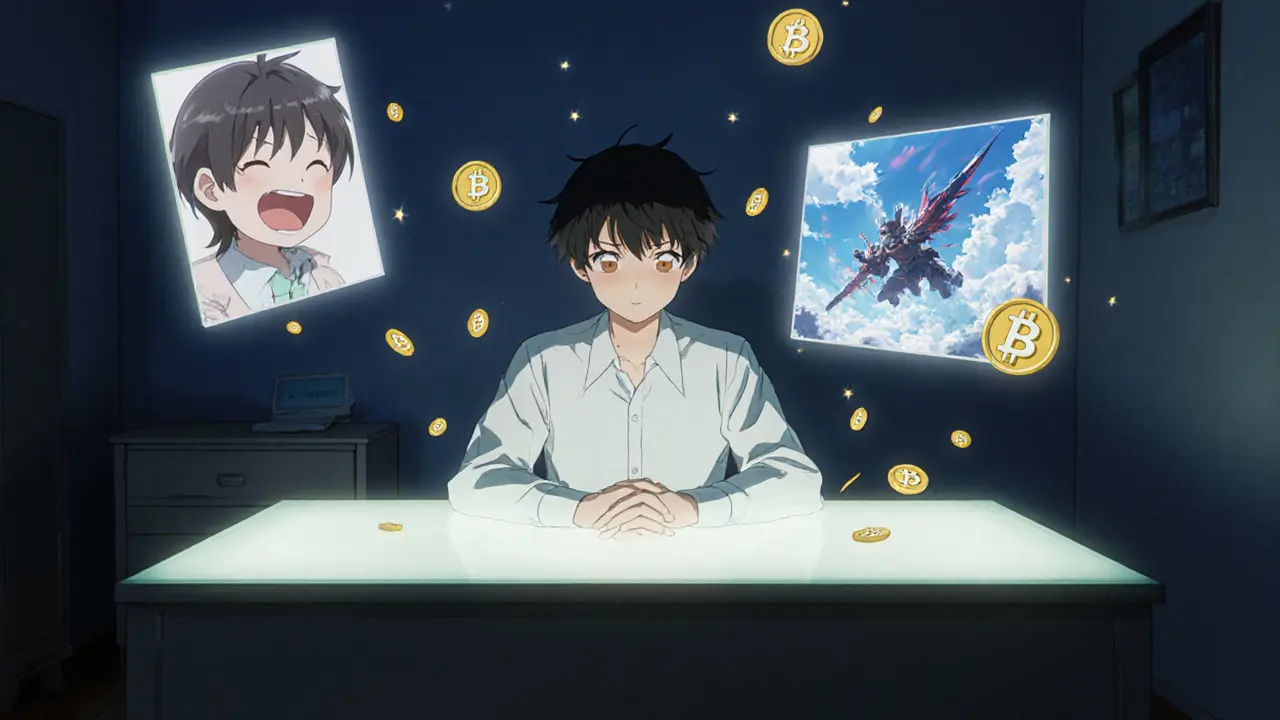 A teen surrounded by holographic anime scenes, with GODL tokens floating like fireflies as they shape the story.