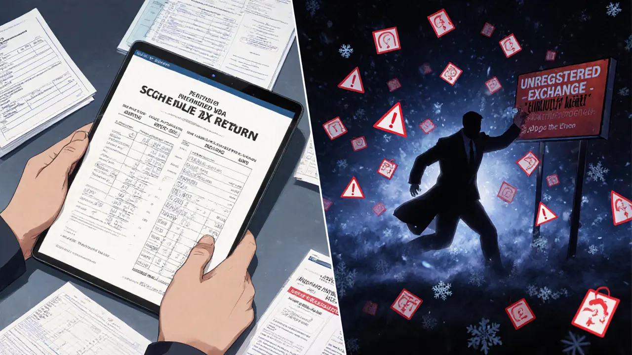 A trader filing taxes calmly while another flees from red penalty warnings.