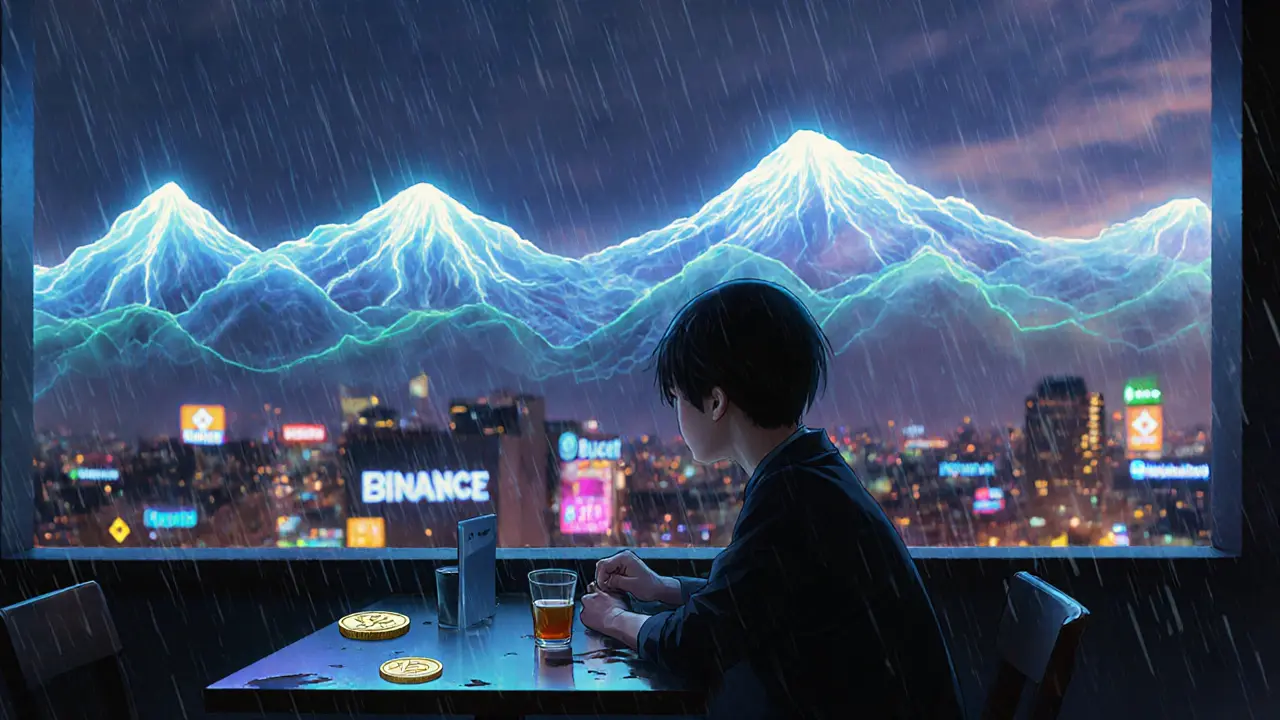 A trader gazes at a holographic LUCIC price chart at dusk, rain reflecting the volatile market.