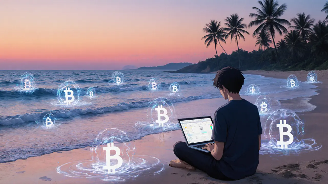 A trader on a Panamanian beach at dusk, crypto values rippling across the sand like waves.