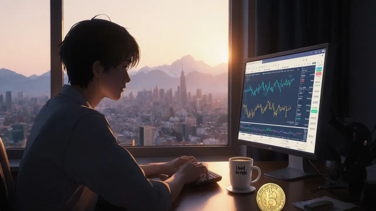 A user interacts with Equilibrium&#039;s interface at dawn, with rising TVL charts in the background.