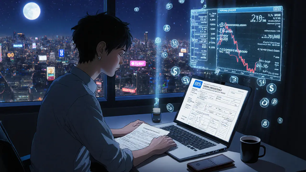 A young investor at a desk surrounded by holographic crypto charts and a laptop showing a tax form under moonlight.