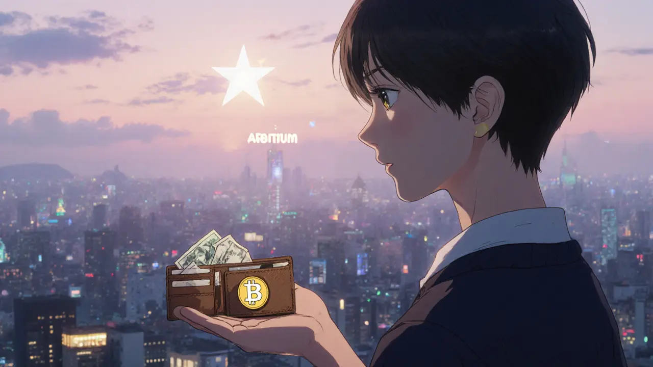 A young person holds a single CWT token on a rooftop as a brighter distant star shines beyond the city.