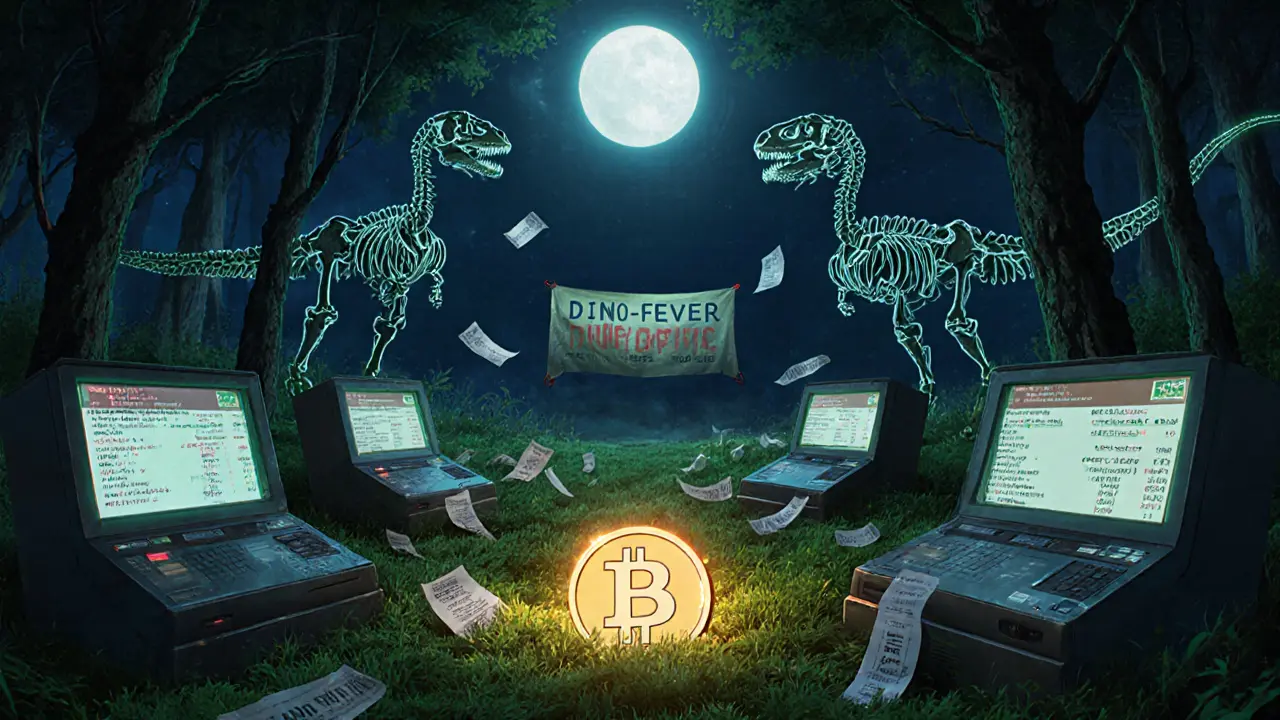 Abandoned exchange terminals in a digital jungle, a single DSG token buried in code under fading banners.