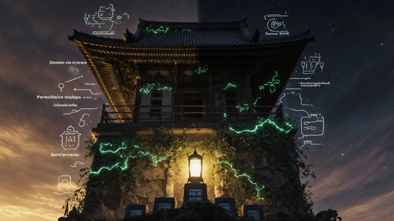 An abandoned blockchain temple glows with a single safe contract lantern amid fading promises.