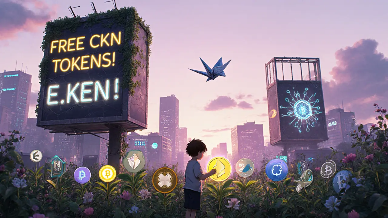 An abandoned scam billboard overgrown with vines as real crypto projects bloom in a quiet digital garden.