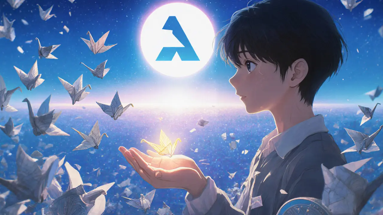 An artist watches NFT turn into paper cranes flying toward a verified airdrop sun, as fake tokens crumble below.