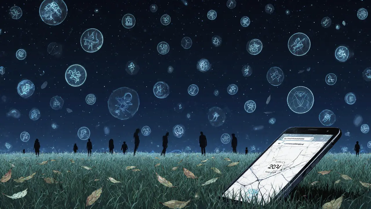 An empty digital landscape with floating AI tokens and a broken smartphone showing a dead website.