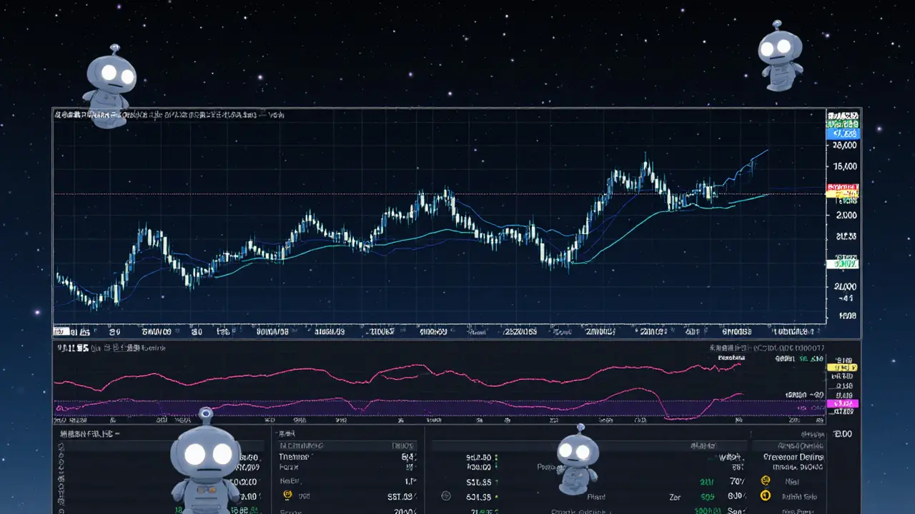 An empty trading chart in a starry night with flickering price lines and hollow bot avatars.