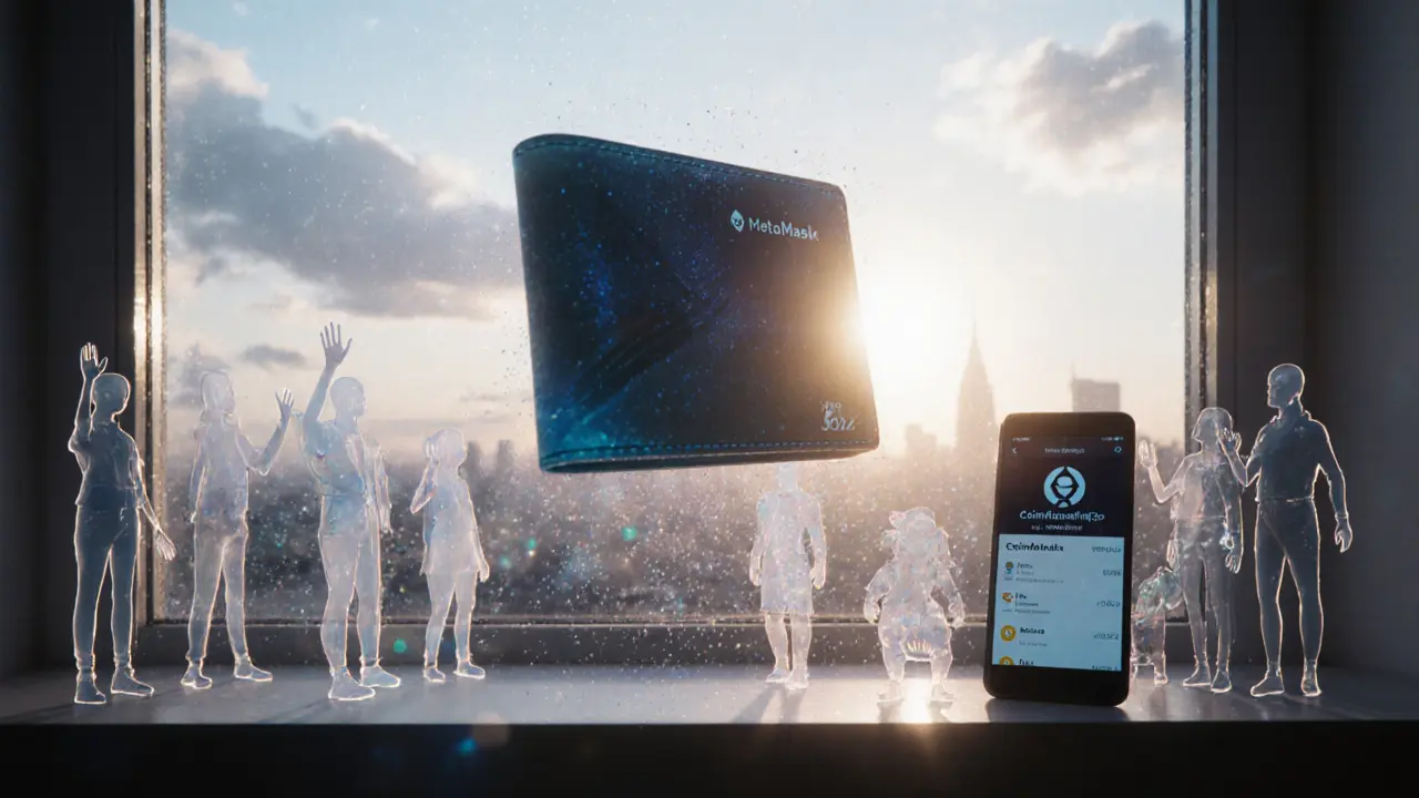 An empty wallet floating with fading memories of past airdrop winners as dawn breaks.