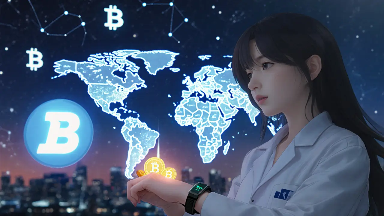 An engineer watching smart contract payments flow across a holographic global map at twilight.