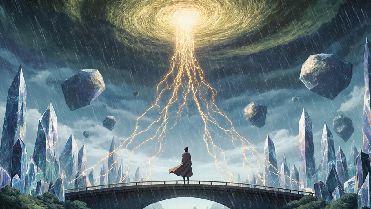 An Ethereum city pulses with golden Keccak-256 energy streams in a surreal, rain-dappled landscape.