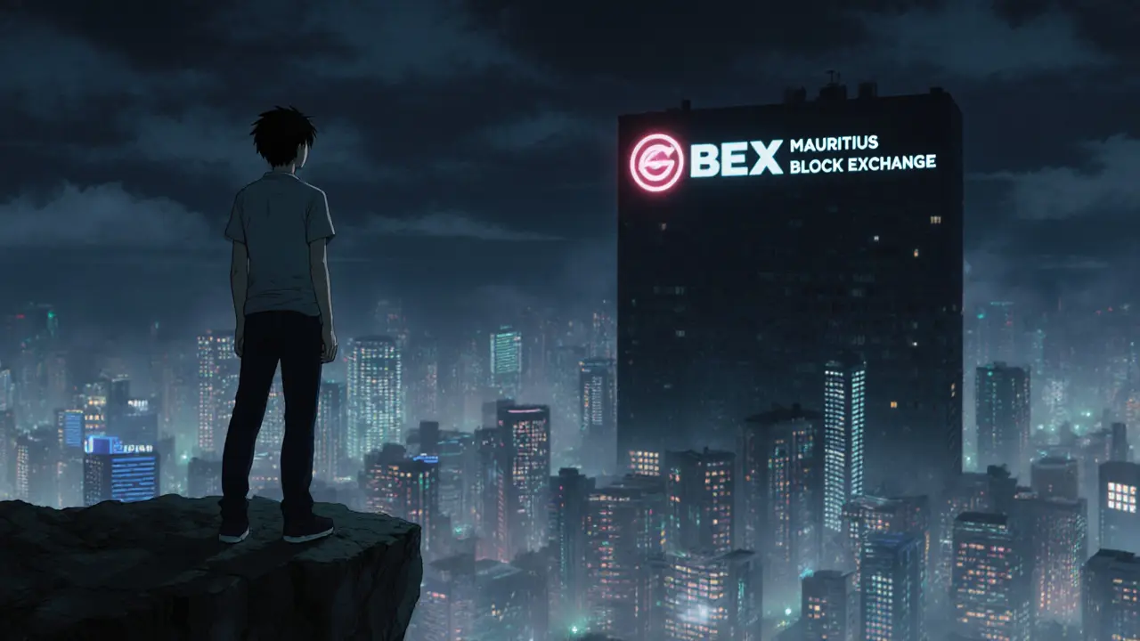 An investor faces a bright city of active exchanges while BEX remains a dark, empty silhouette behind.