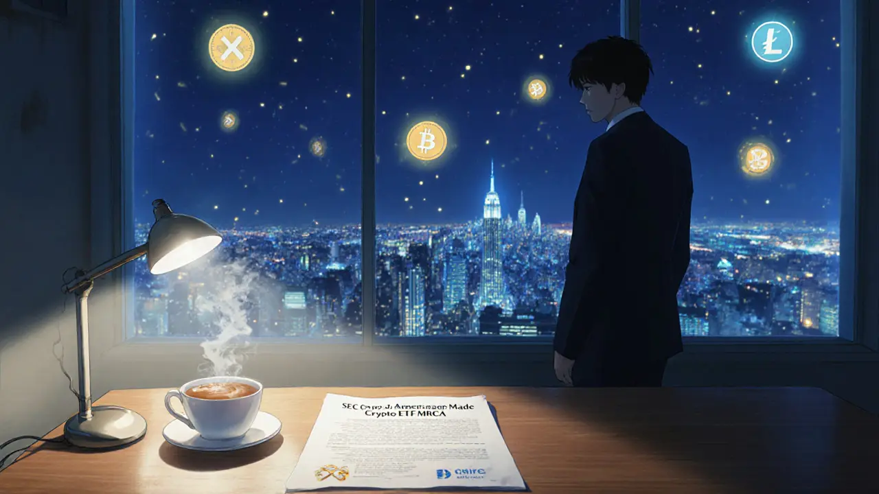 An SEC filing on a desk at night with crypto tokens glowing like fireflies outside the window.