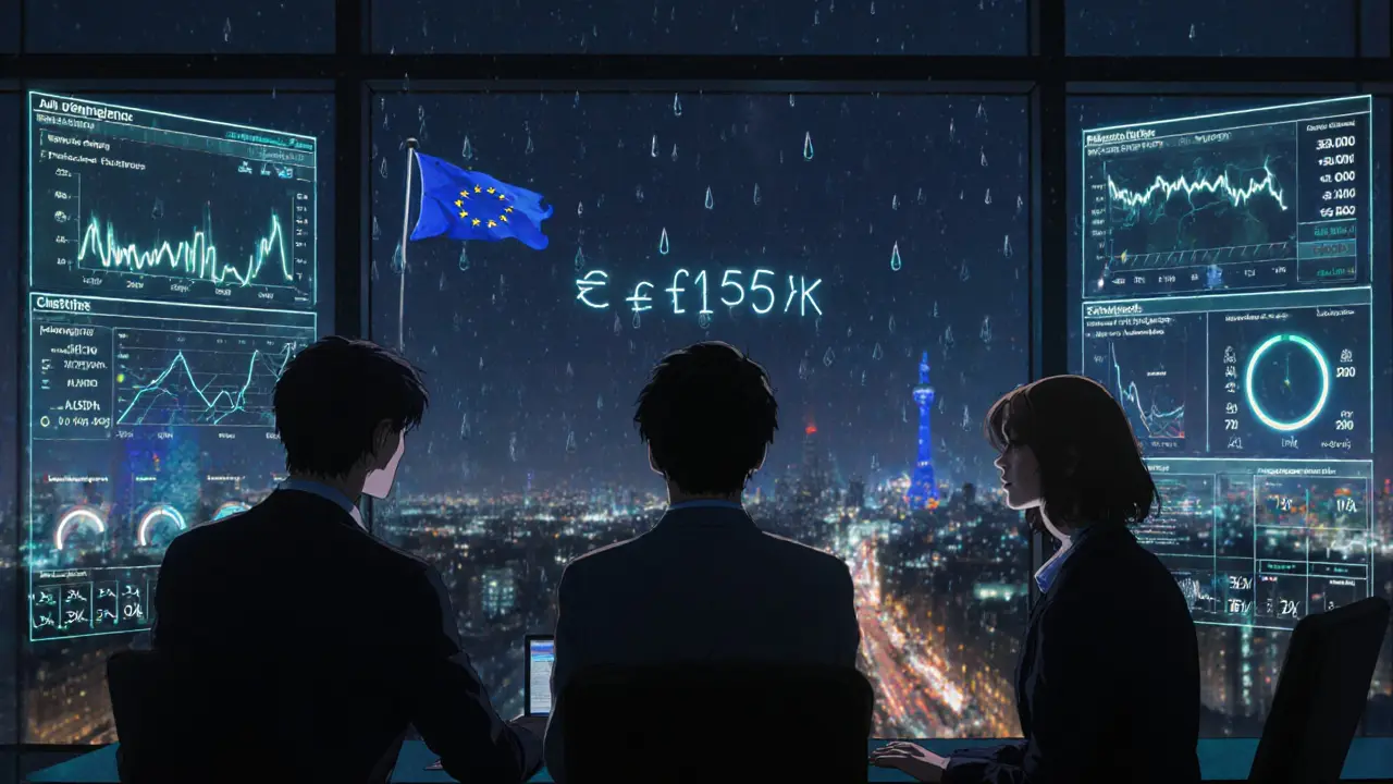 Compliance team working late in a Berlin office with holographic crypto dashboards and rain-streaked windows.