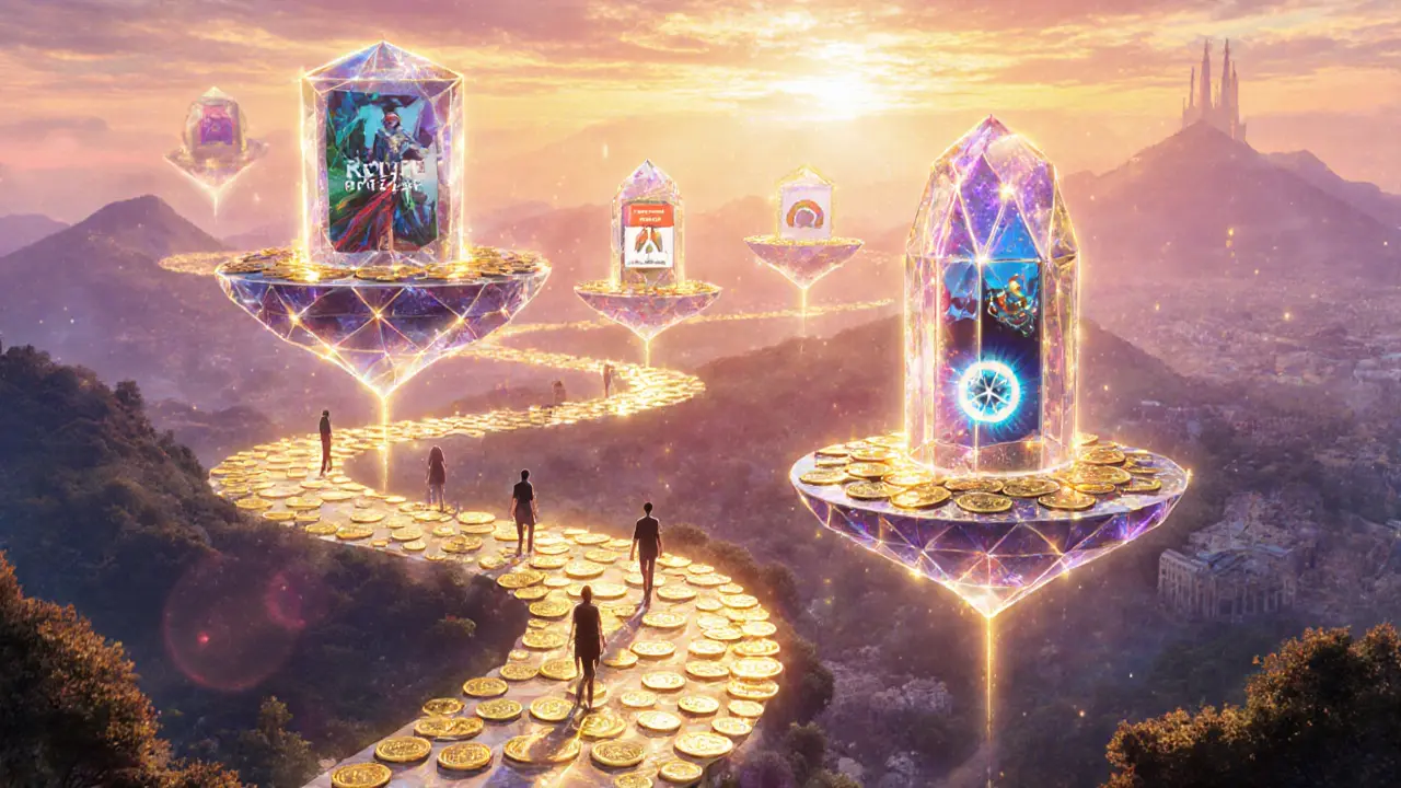 Creators uploading content to glowing blockchain platforms, with golden light streams connecting crystalline towers.