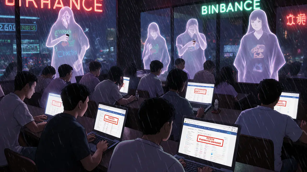 Crowd in a Manila internet cafe shocked by frozen crypto accounts, glowing blockchain data floating above screens.