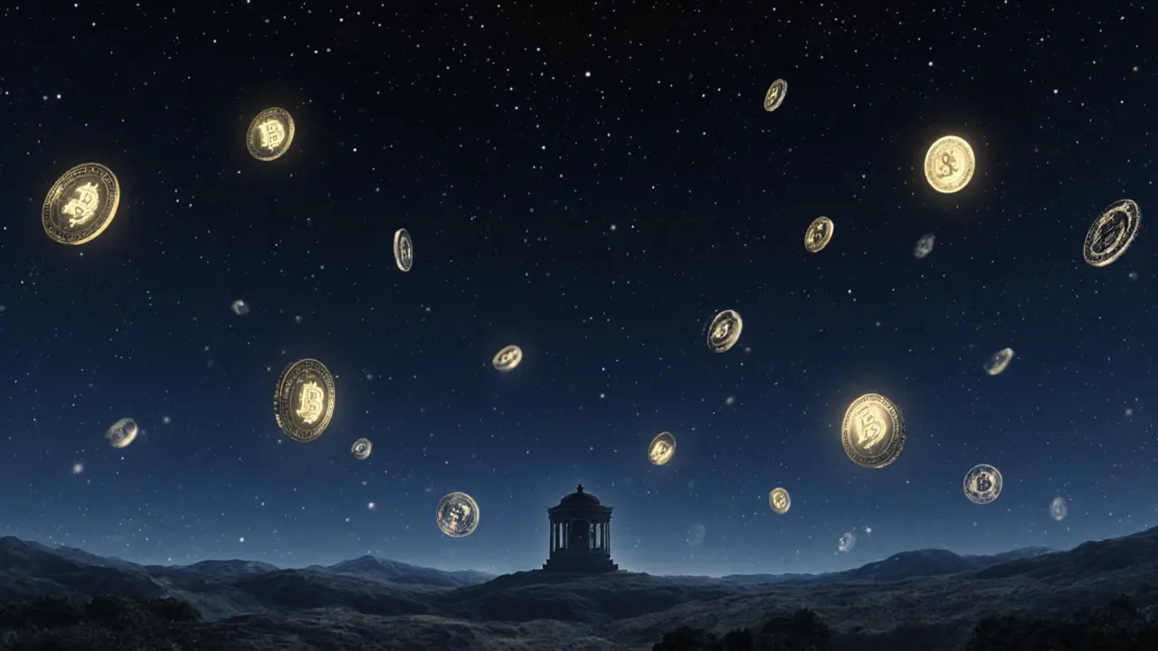 Dark and faintly glowing security tokens drift in a starry sky, most lifeless and silent.