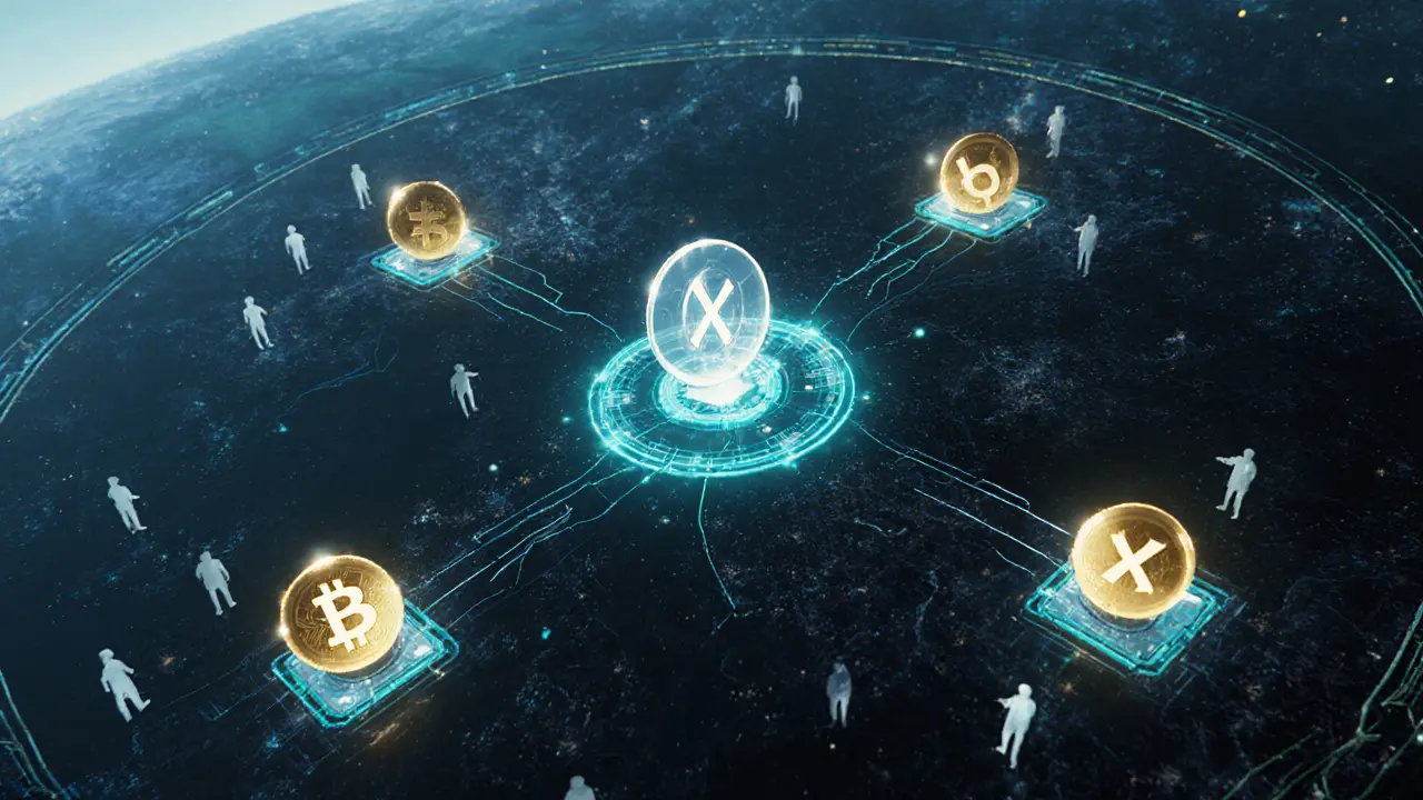 Digital DOT and xDOT tokens orbit a central EQ token in a cosmic DeFi landscape.