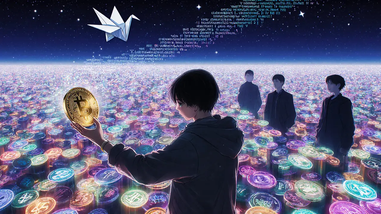 Endless crypto marketplace under stars, a trader reaching for a rare token as others vanish.