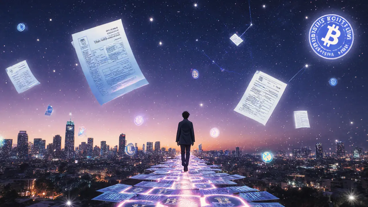 Floating blockchain nodes and tax documents drift over a city skyline at twilight.