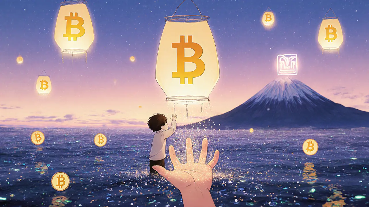 Floating crypto assets dissolve into stardust as a child reaches up, distant SEC logo glowing on a mountain.